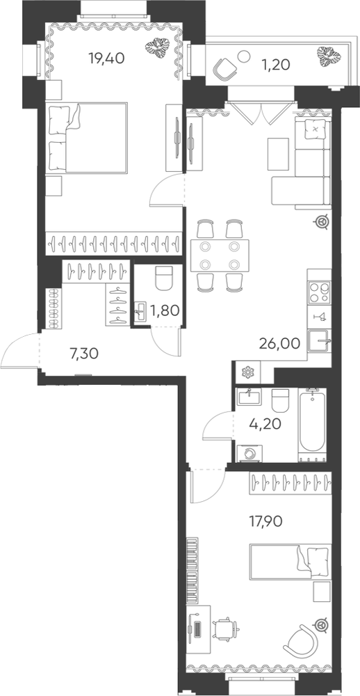 Планировка: 3Е-к.кв · 77,8 м²