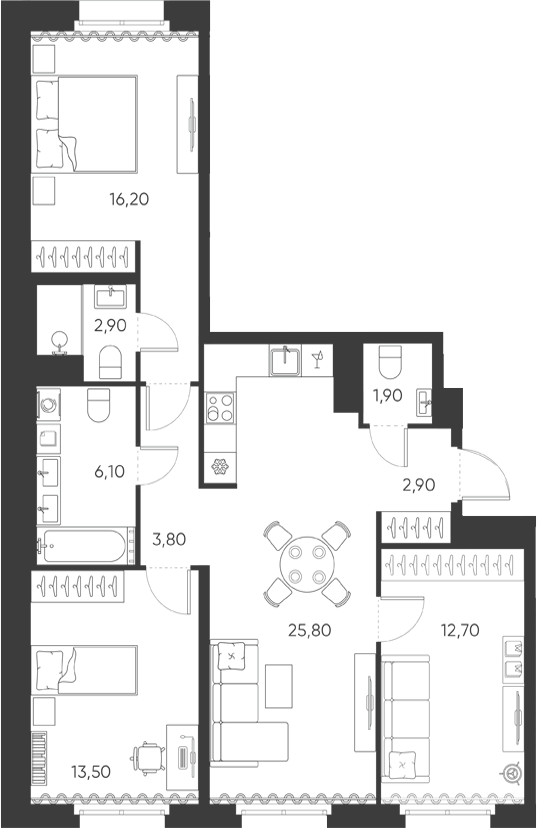 Планировка: 4Е-к.кв · 85,8 м²