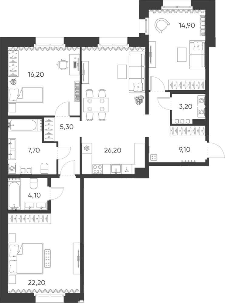 Планировка: 4Е-к.кв · 108,9 м²