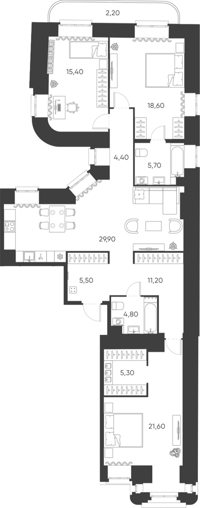 Планировка: 4Е-к.кв · 124,6 м²