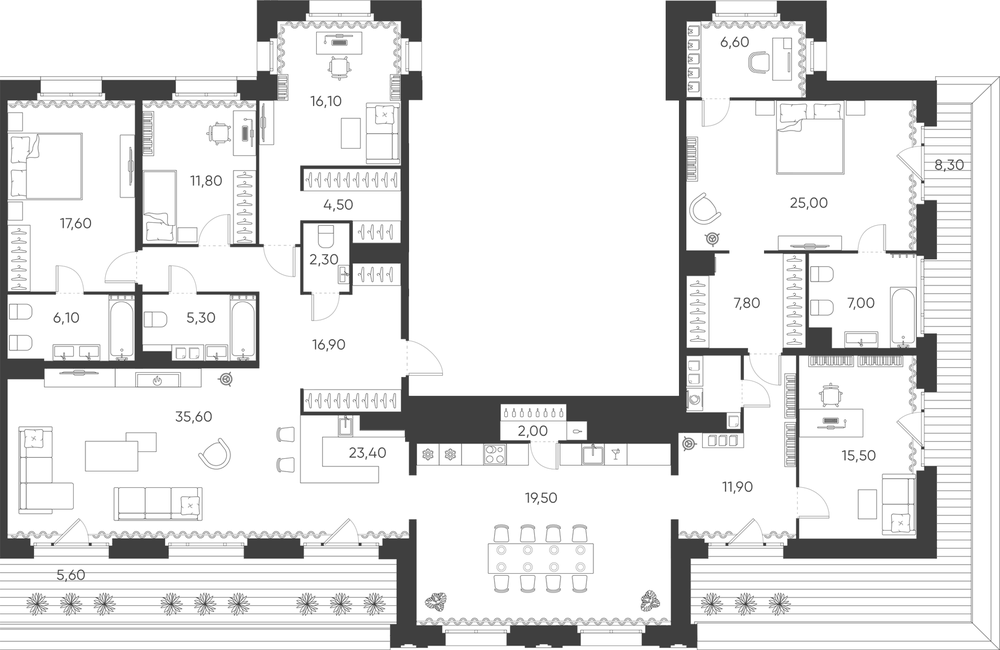 Планировка: 4+ комнаты · 251,3 м²