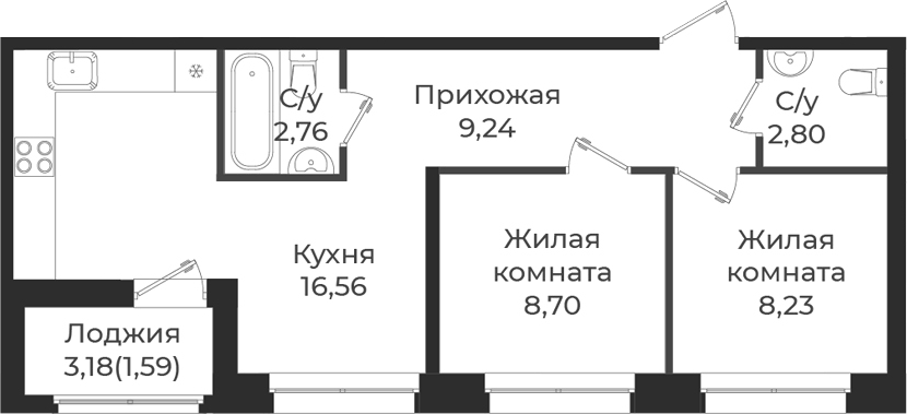 Планировка: 3Е-к.кв · 49,88 м²