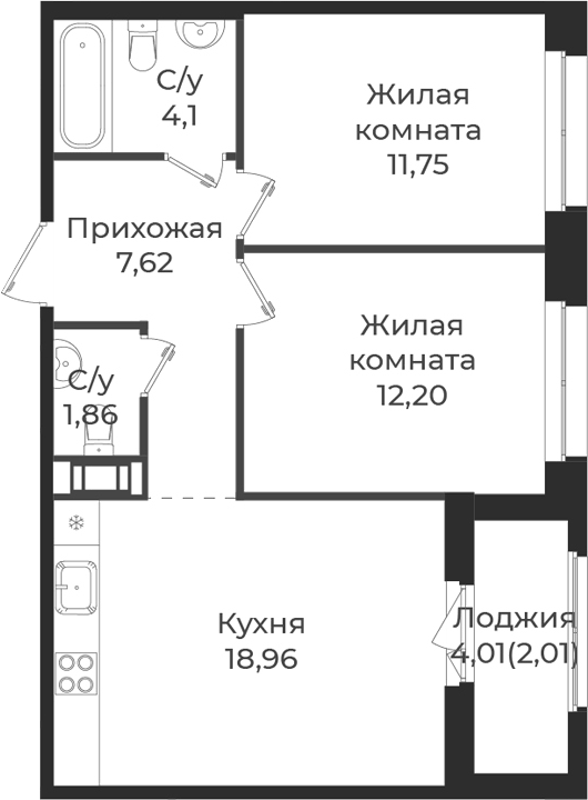 Планировка: 3Е-к.кв · 58,5 м²