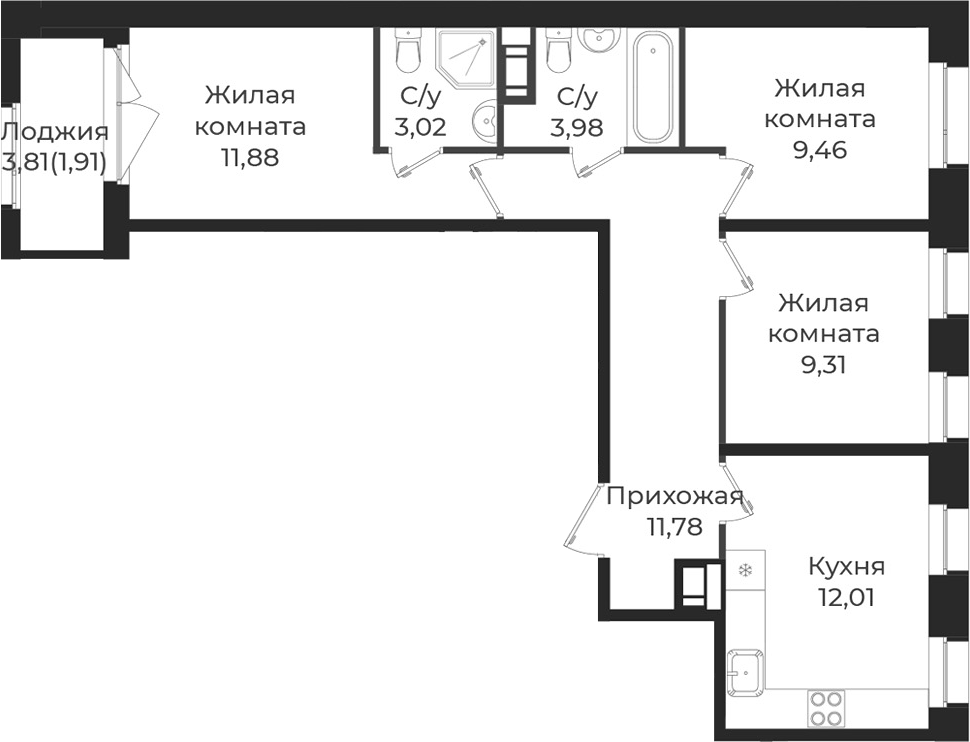 Планировка: 3 комнаты · 63,35 м²