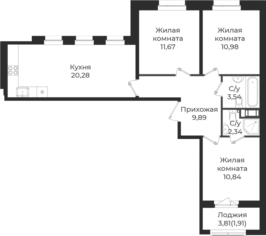 Планировка: 4Е-к.кв · 71,45 м²