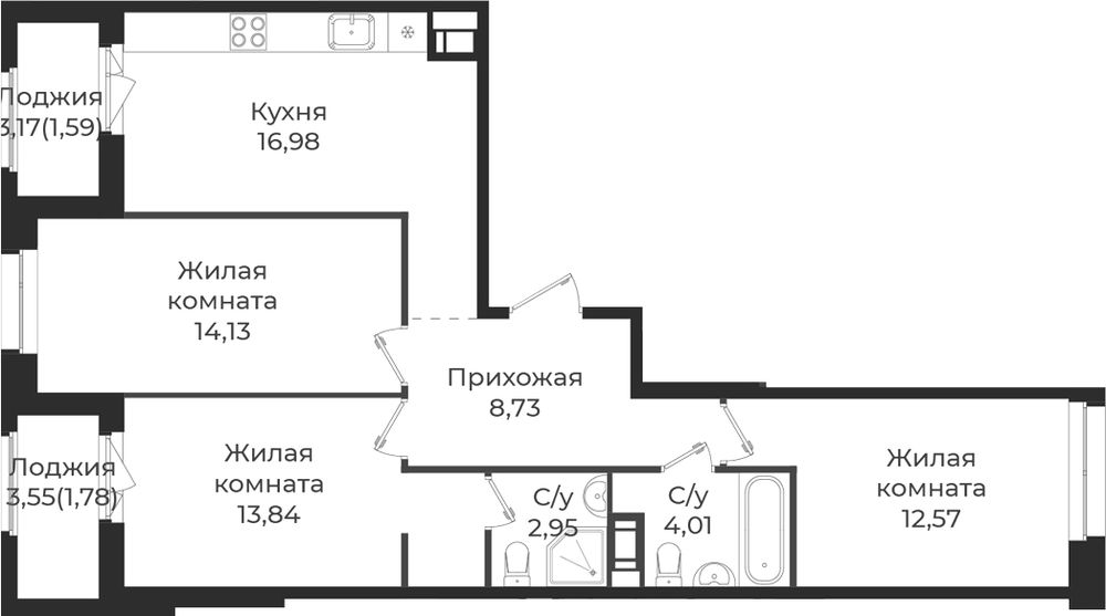 Планировка: 4Е-к.кв · 76,58 м²