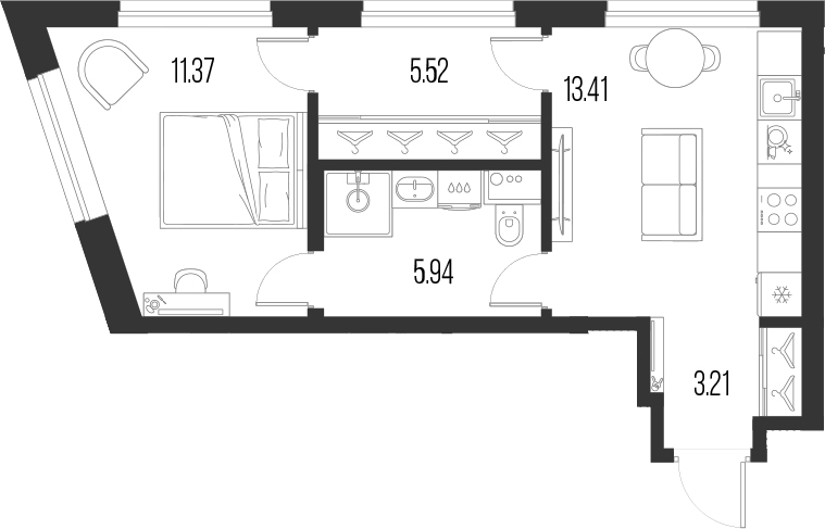 Планировка: 1 комната · 39,45 м²