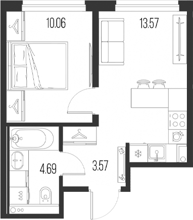 Планировка: 2Е-к.кв · 31,89 м²