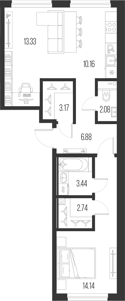 Планировка: 2Е-к.кв · 55,94 м²