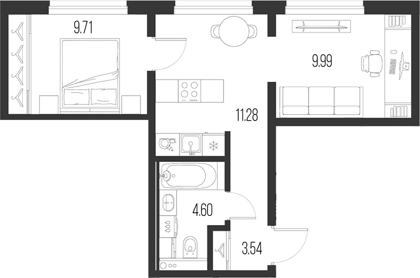 Планировка: 2 комнаты · 39,12 м²