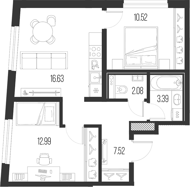 Планировка: 3Е-к.кв · 53,13 м²