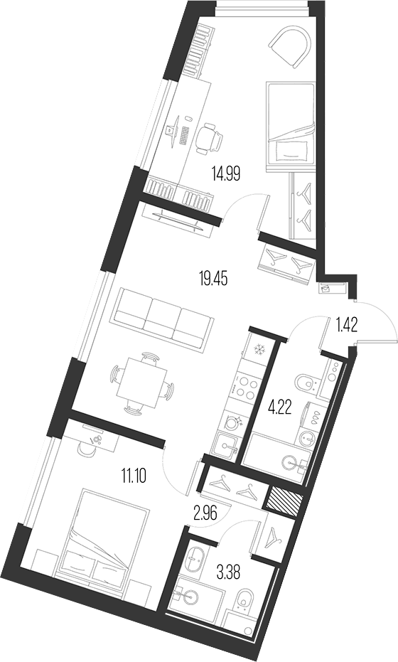 Планировка: 3Е-к.кв · 57,52 м²