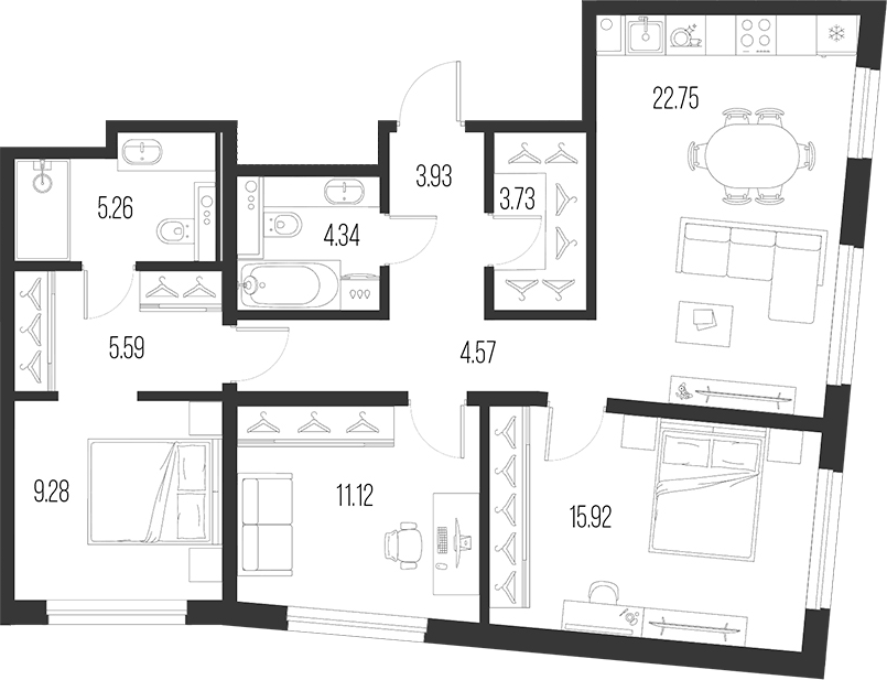 Планировка: 4Е-к.кв · 86,49 м²