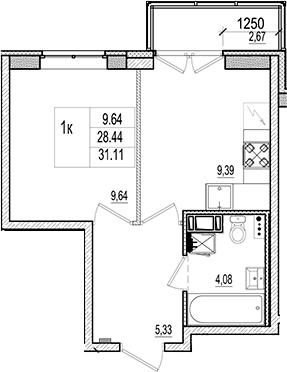 Планировка: 1 комната · 29,24 м²