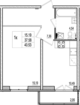 Планировка: 1 комната · 38,46 м²