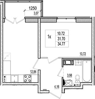 Планировка: 2Е-к.кв · 33,24 м²
