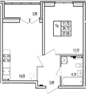 Планировка: 2Е-к.кв · 35,61 м²