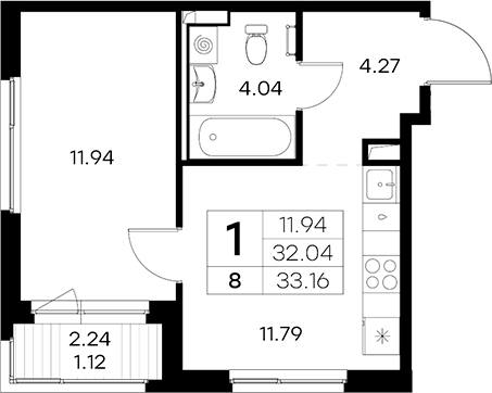 Планировка: 1 комната · 31,62 м²