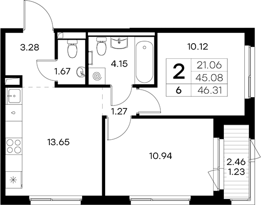 Планировка: 2 комнаты · 46,31 м²