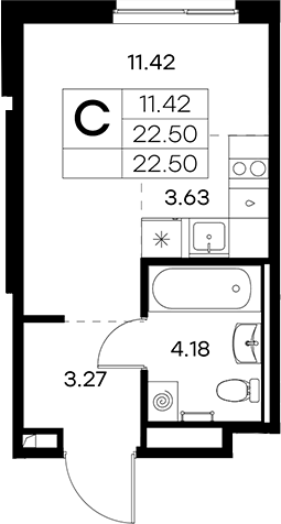 Планировка: Студия · 22,5 м²