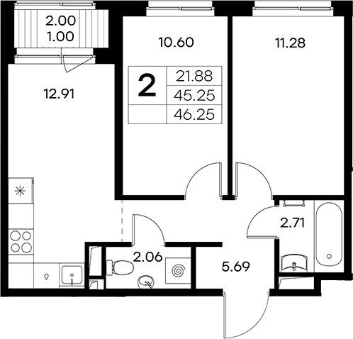 Планировка: 3Е-к.кв · 46,25 м²