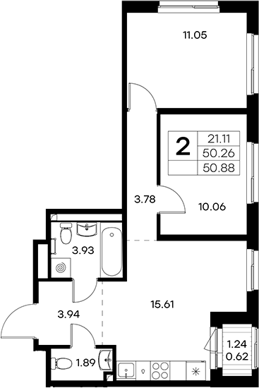Планировка: 3Е-к.кв · 50,88 м²