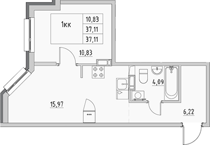 Планировка: 1 комната · 37,11 м²