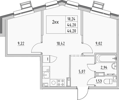 Планировка: 2 комнаты · 46,2 м²