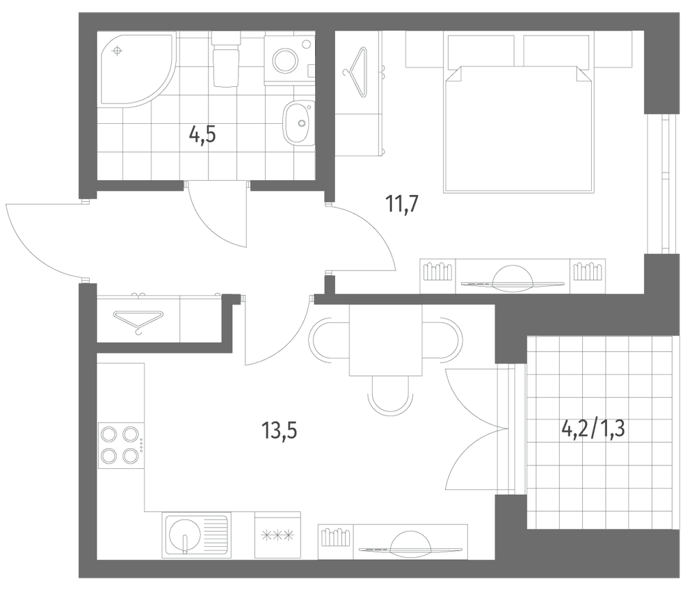Планировка: 1 комната · 35,4 м²