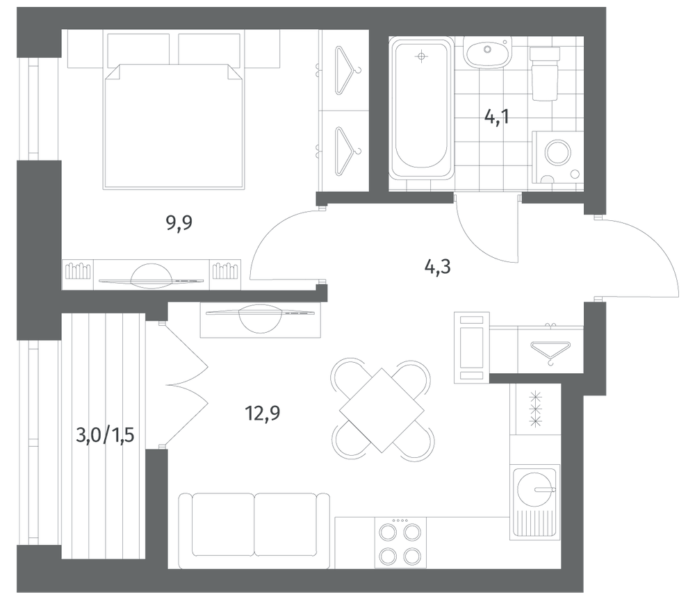 Планировка: 1 комната · 32,65 м²