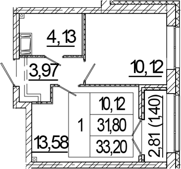 Планировка: 1 комната · 33,2 м²