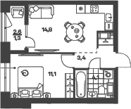 Планировка: 1 комната · 34,66 м²