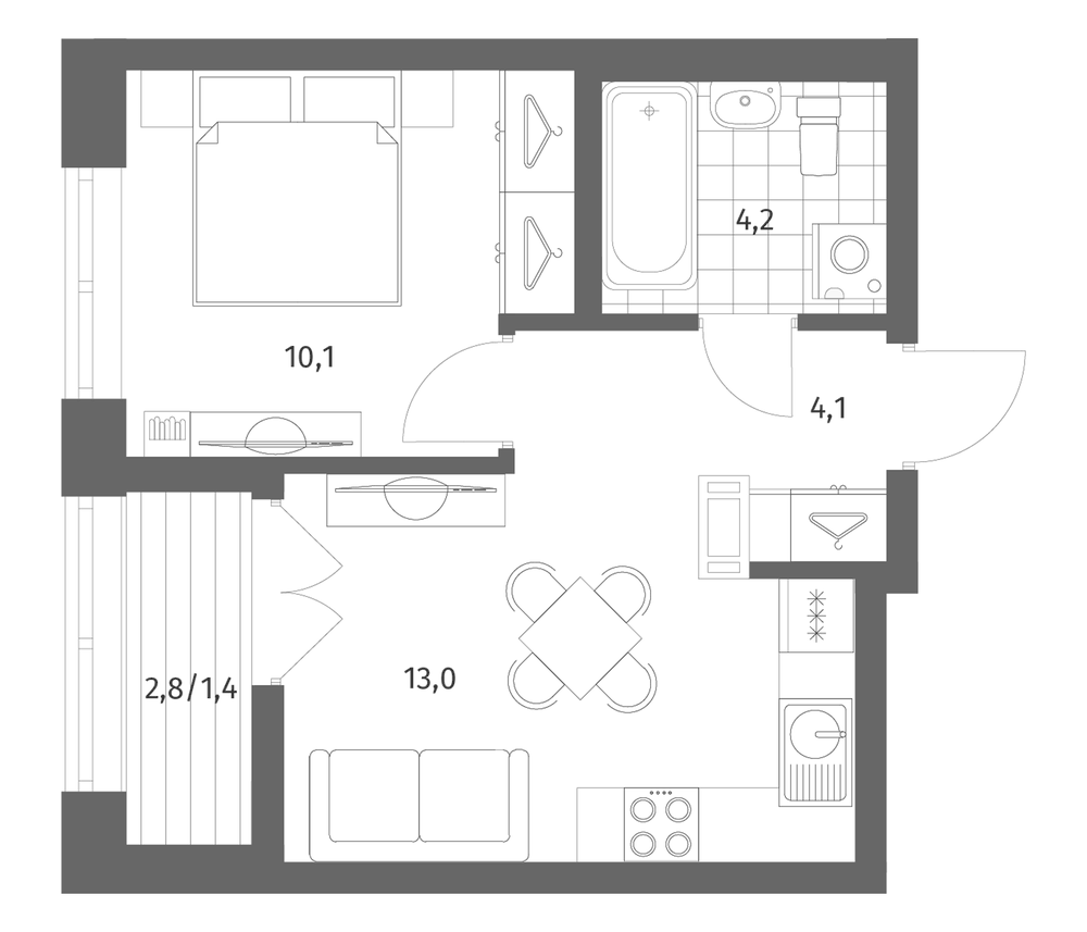 Планировка: 2Е-к.кв · 32,86 м²