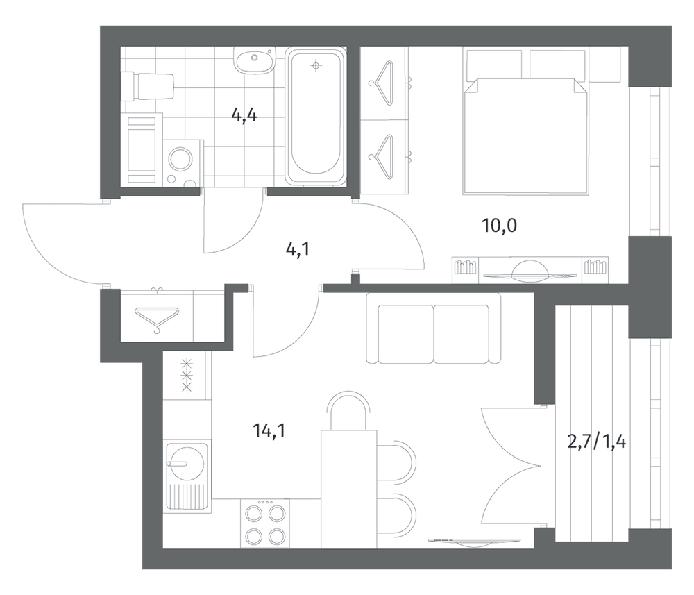 Планировка: 2Е-к.кв · 34 м²