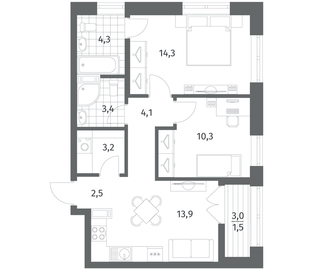 Планировка: 2 комнаты · 57,4 м²