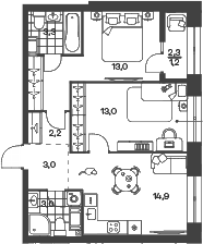 Планировка: 2 комнаты · 53,52 м²