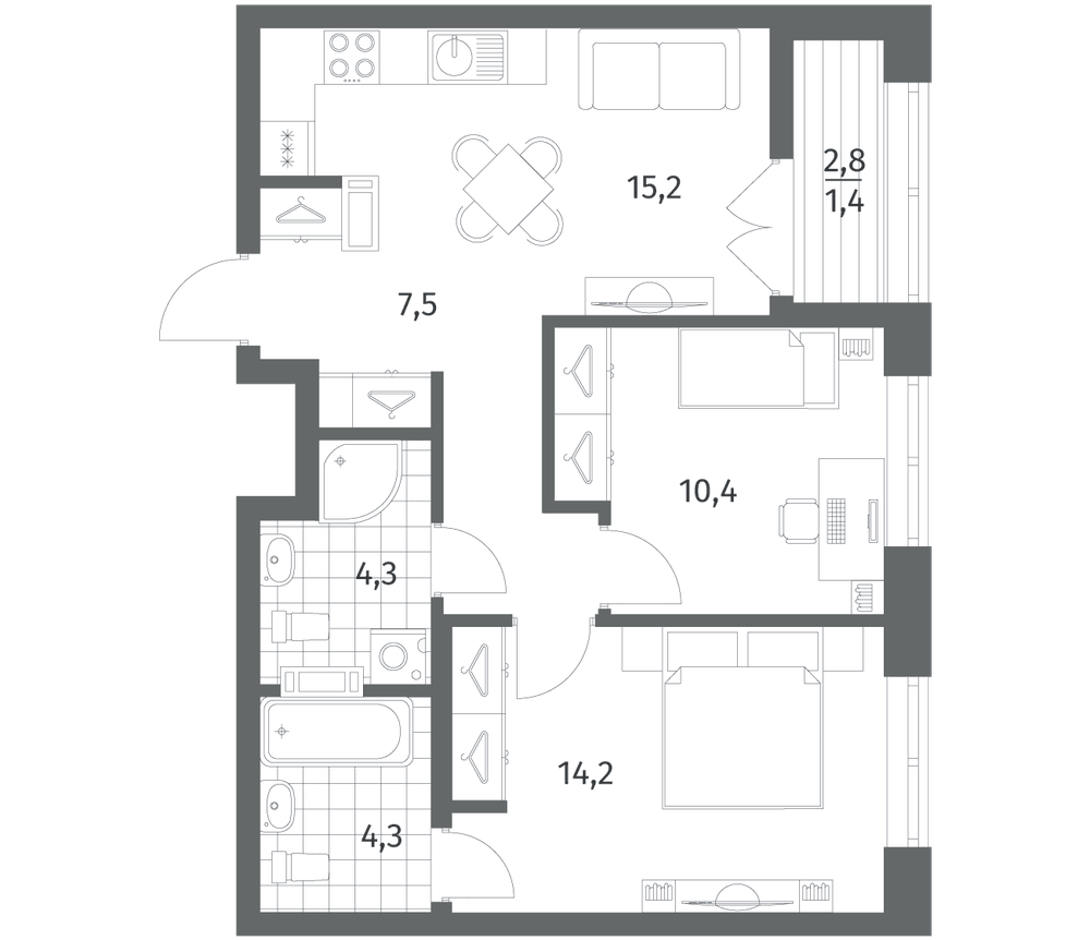 Планировка: 3Е-к.кв · 57,26 м²