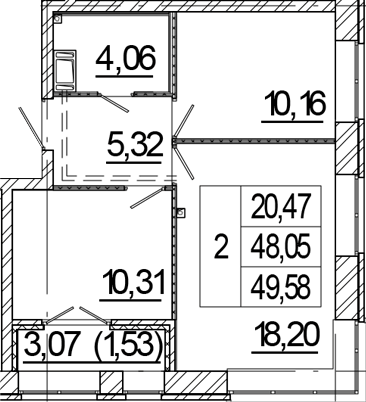 Планировка: 3Е-к.кв · 49,58 м²