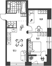 Планировка: 3Е-к.кв · 46,64 м²