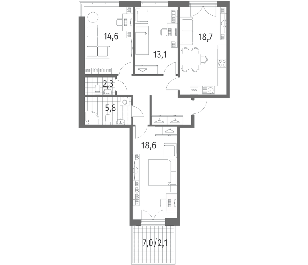 Планировка: 3 комнаты · 88 м²