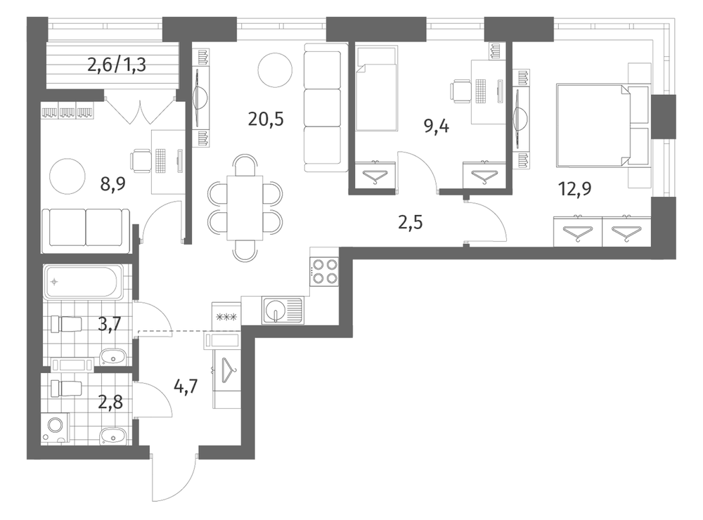 Планировка: 4Е-к.кв · 66,96 м²