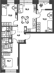Планировка: 4Е-к.кв · 61,42 м²