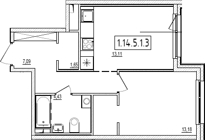 Планировка: 1 комната · 39,46 м²