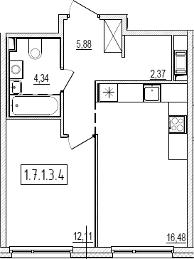 Планировка: 2Е-к.кв · 41,18 м²
