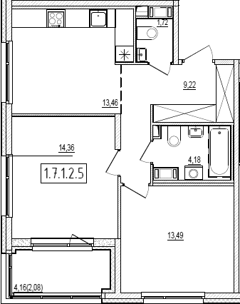 Планировка: 2 комнаты · 58,51 м²