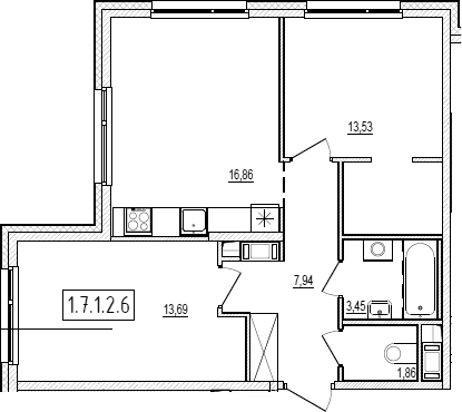 Планировка: 3Е-к.кв · 57,33 м²