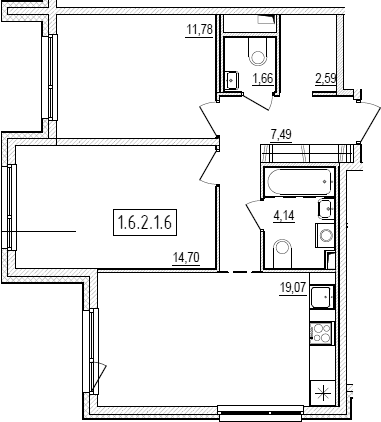 Планировка: 3Е-к.кв · 61,43 м²