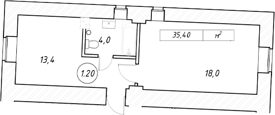 Планировка: 2Е-к.кв · 35,4 м²