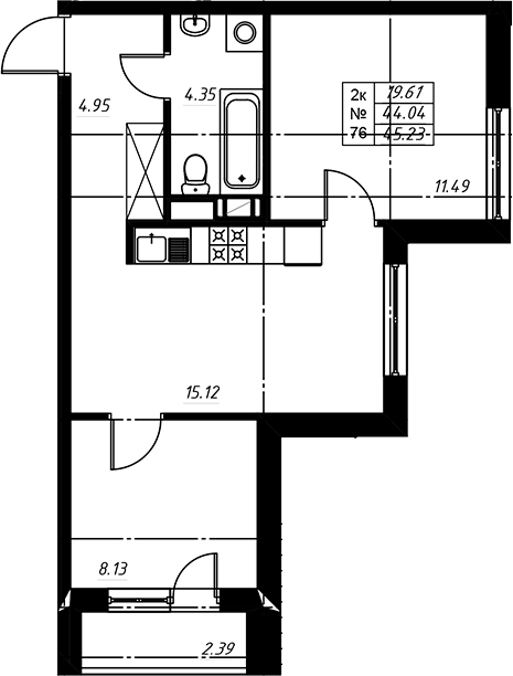 Планировка: 3Е-к.кв · 45,38 м²