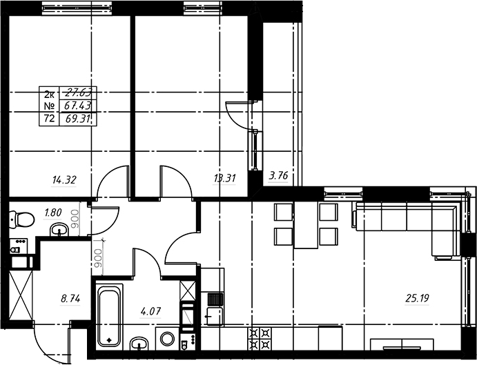Планировка: 3Е-к.кв · 69,44 м²